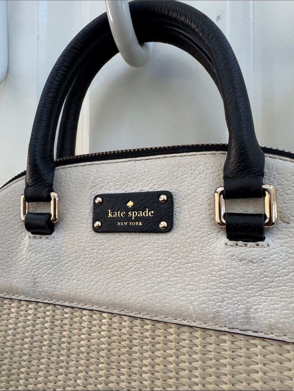 kate spade Cream and Black Textured Satchel with Crossbody Strap - Picture 3 of 10